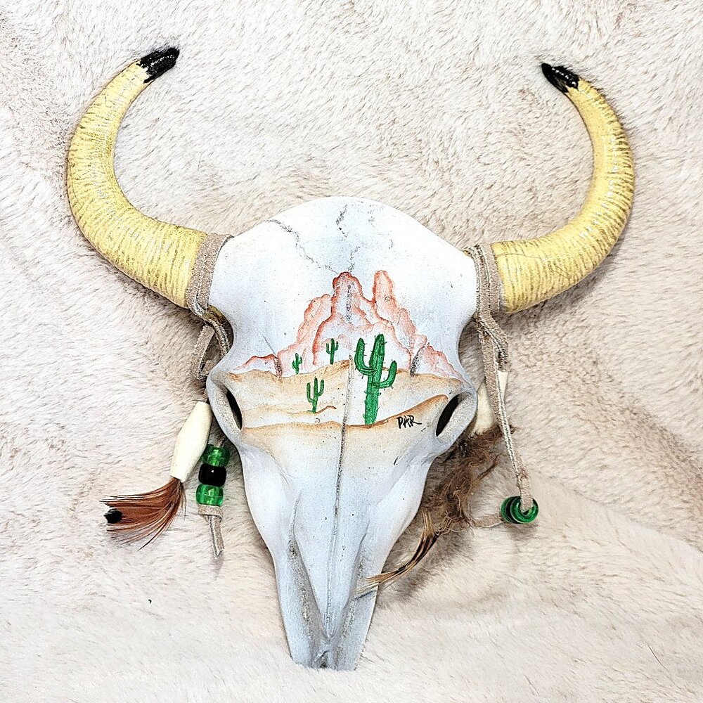 Hand Painted Native American Ceramic Cow Skull 8" x 7" Cactus Desert Scene